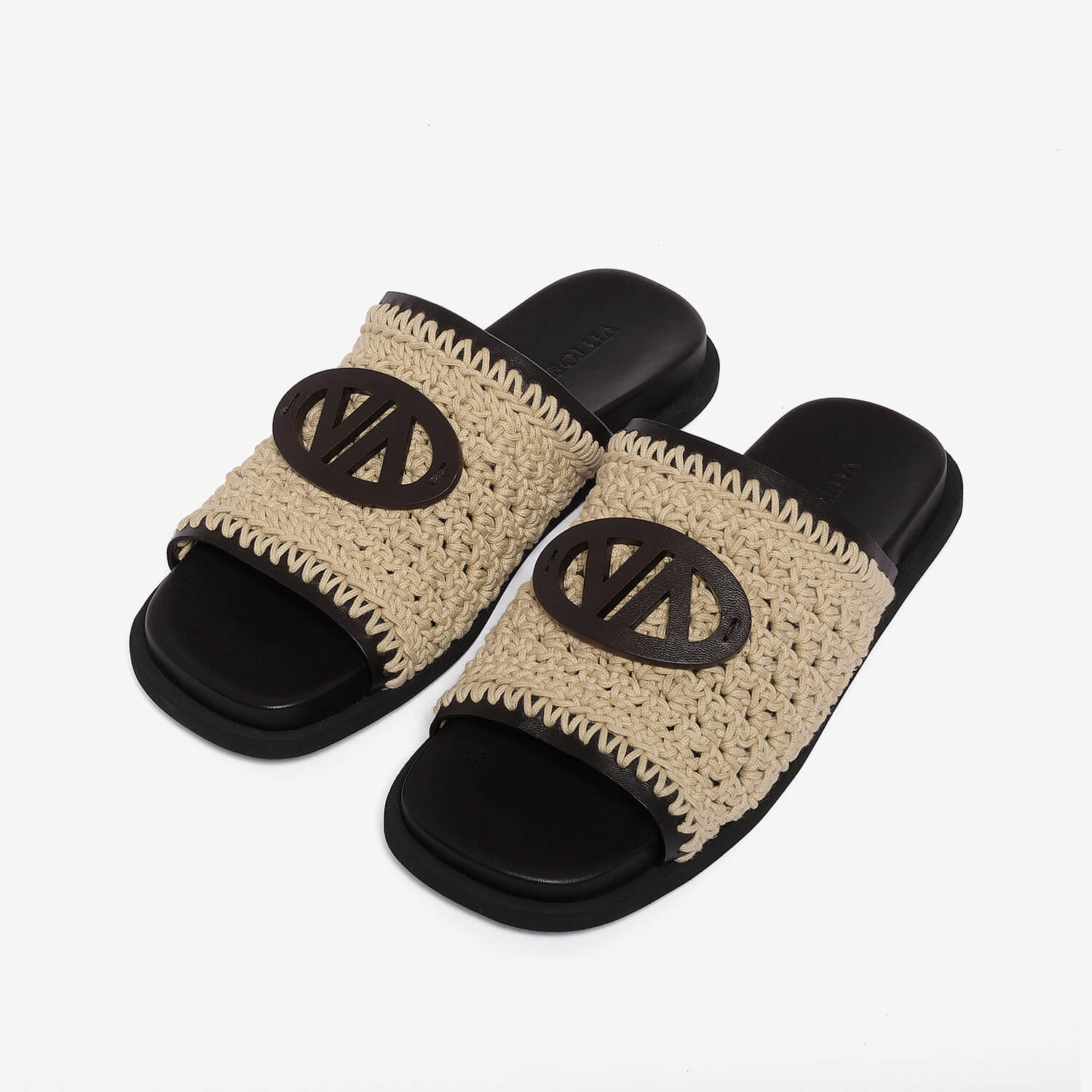 Sandalo slide in tessuto e nappa color corda donna