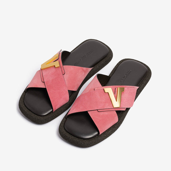 Peach brown women's suede slide sandal