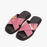 Pink-dark brown women's suede slide sandal