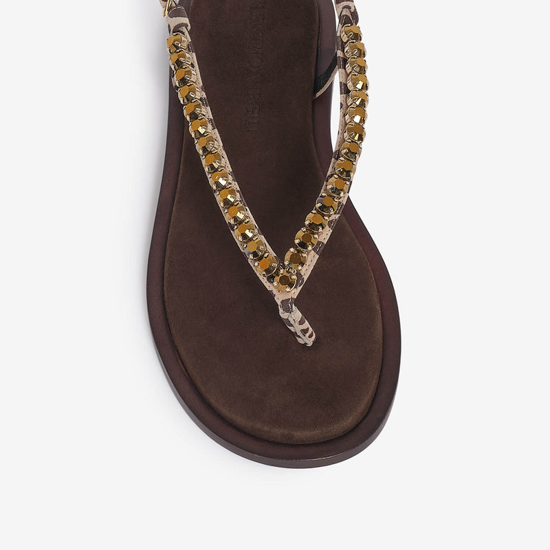 Brown women's printed suede flip flop sandal