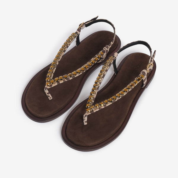 Sandalo infradito in camoscio stampato donna marrone