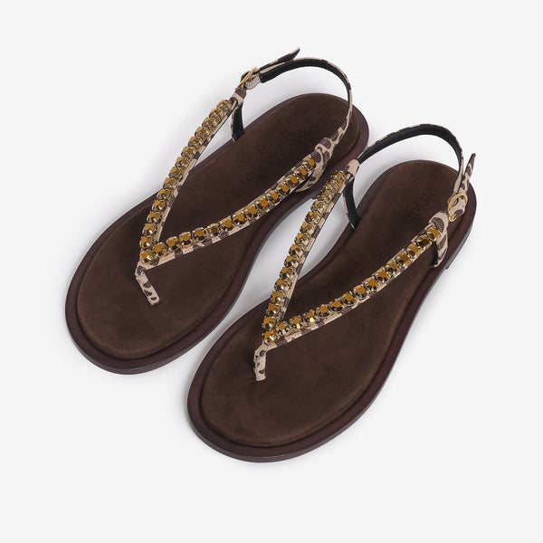 Brown women's printed suede flip flop sandal