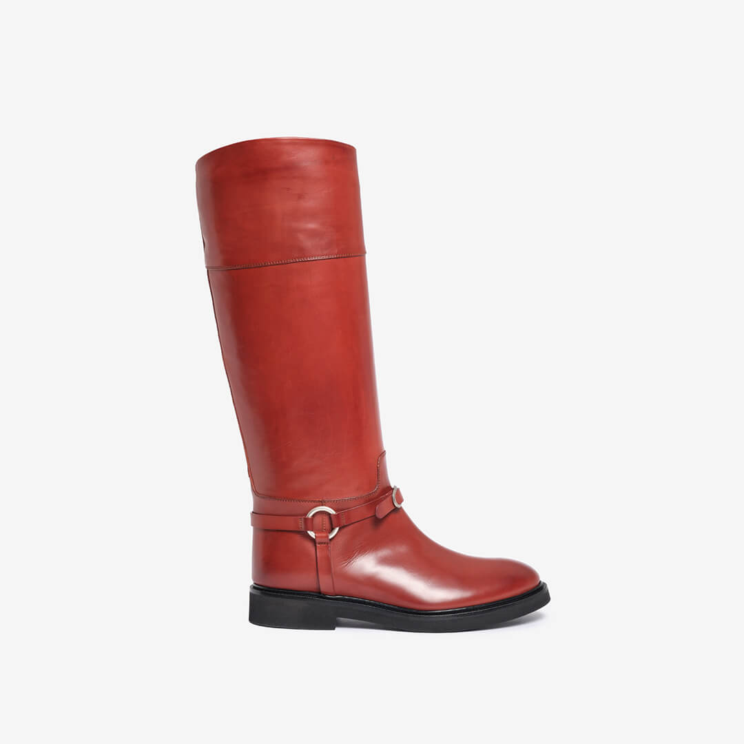 Stivale cavallerizza rosso mattone in pelle concia vegetale donna
