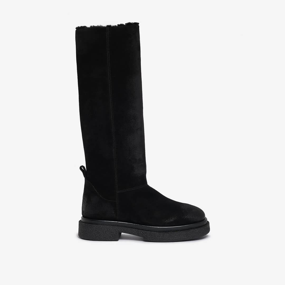 Stivale in camoscio fodera in pelliccia nero donna