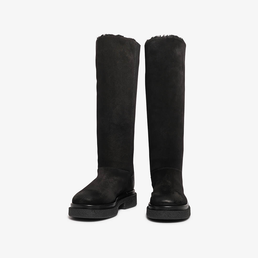Stivale in camoscio fodera in pelliccia nero donna