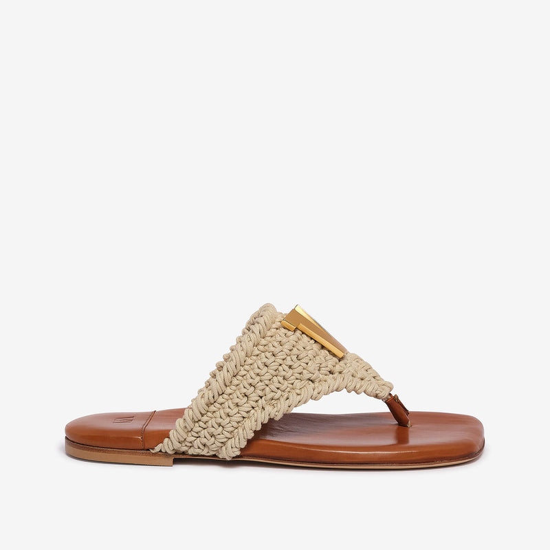 Women's crochet-nappa leather flip flop sandal