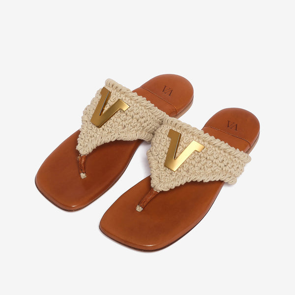 Women's crochet-nappa leather flip flop sandal