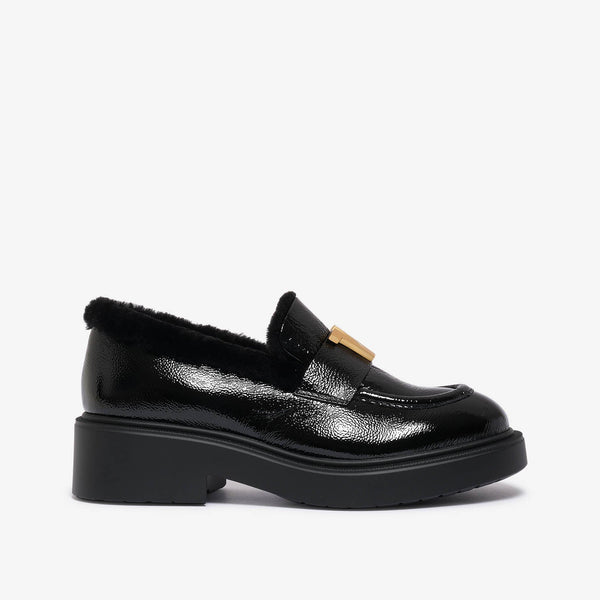 Afinia | Black women's leather moccasin with fur