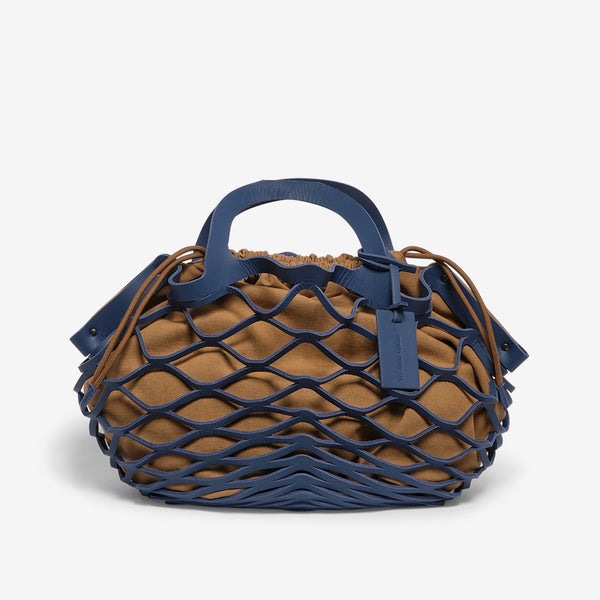 Borsa a rete in pelle blu royal-cuoio di vitello e tessuto 