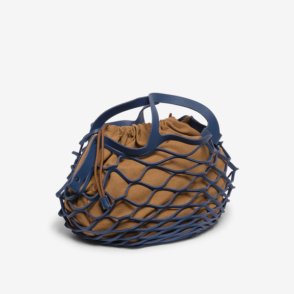 Borsa a rete in pelle blu royal-cuoio di vitello e tessuto 