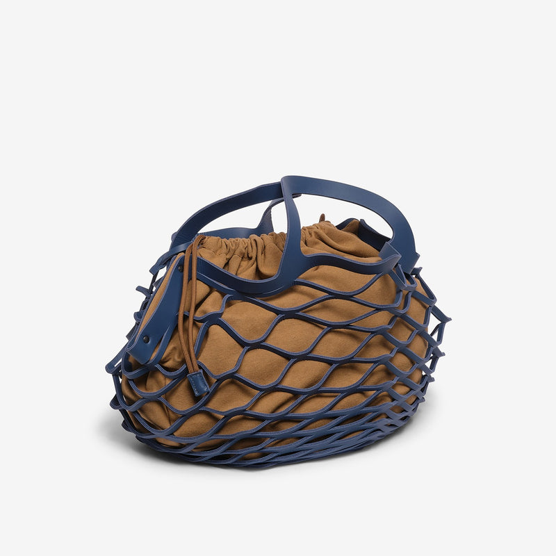 Borsa a rete in pelle blu royal-cuoio di vitello e tessuto 